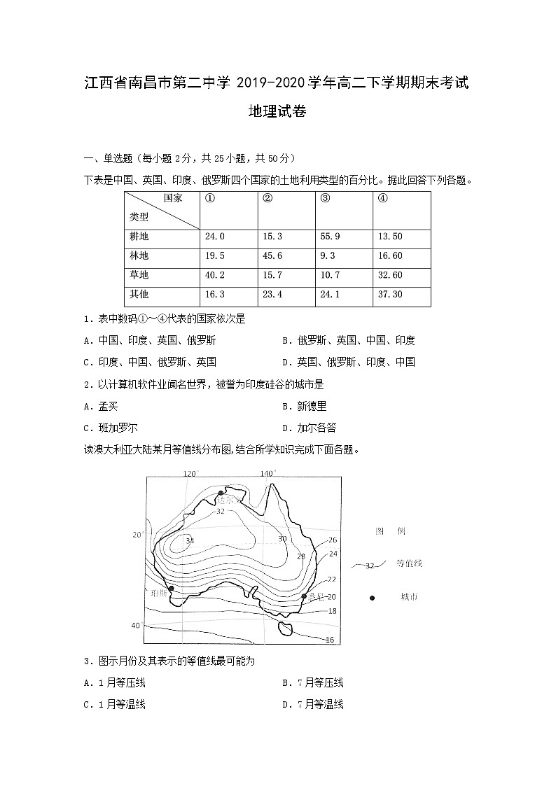 【地理】江西省南昌市第二中学2019-2020学年高二下学期期末考试试卷(解析版)01