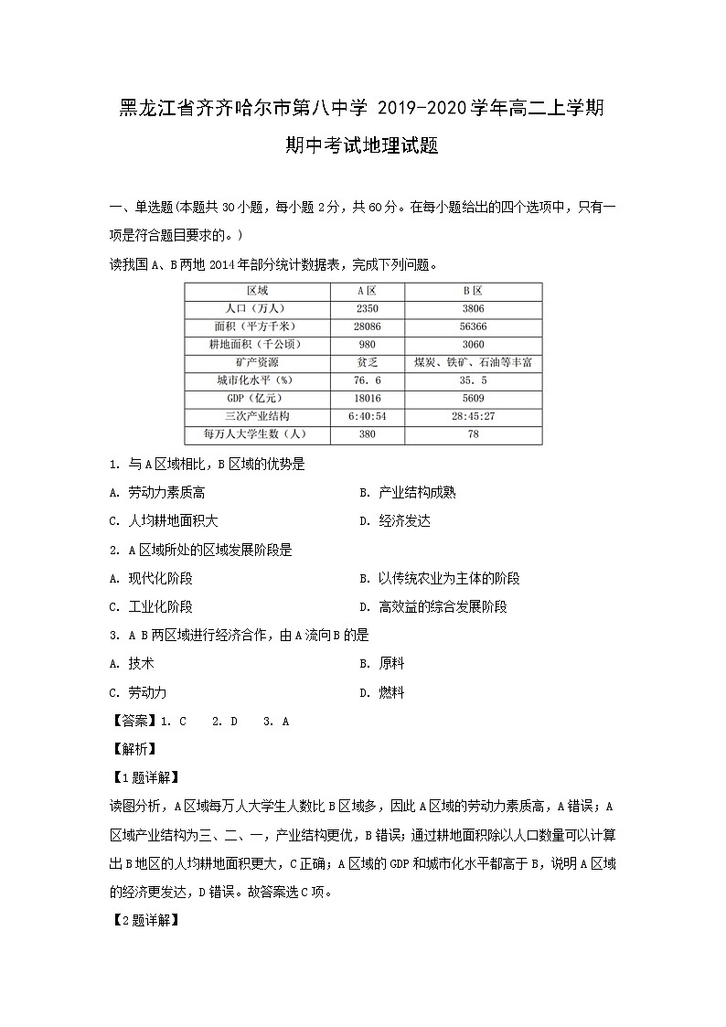 【地理】黑龍江省齊齊哈爾市第八中學(xué)2019-2020學(xué)年高二上學(xué)期期中考試試題（解析版）第1頁(yè)