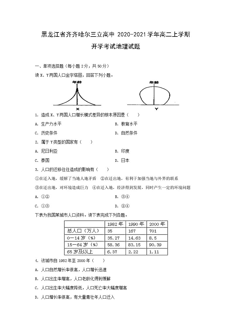 【地理】黑龙江省齐齐哈尔三立高中2020-2021学年高二上学期开学考试试题第1页