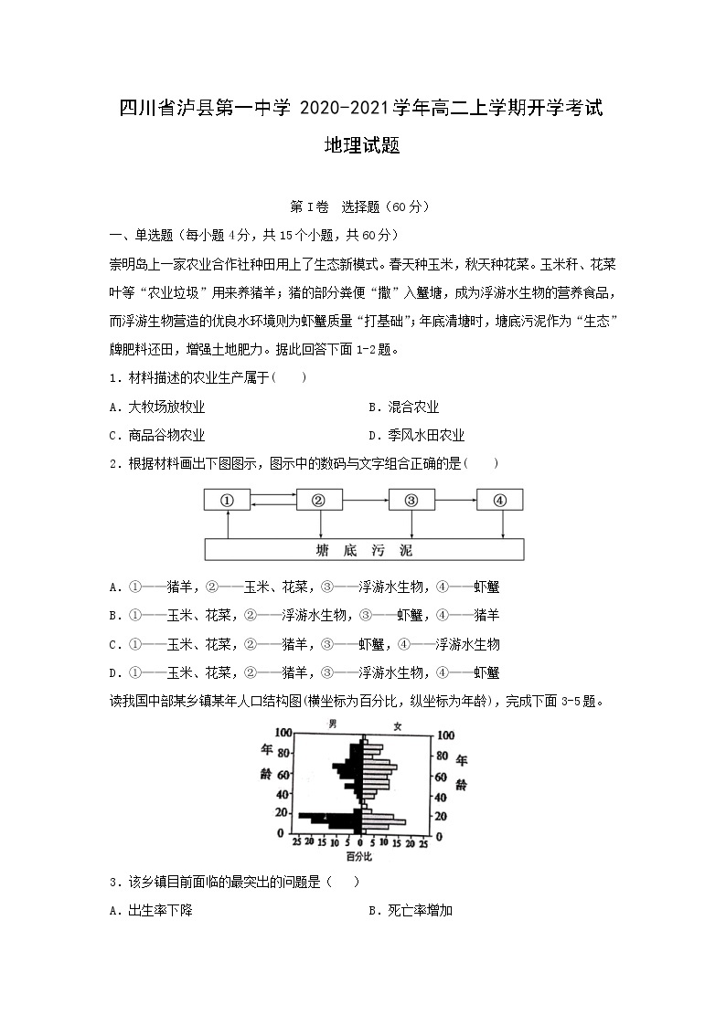 【地理】四川省泸县第一中学2020-2021学年高二上学期开学考试试题01