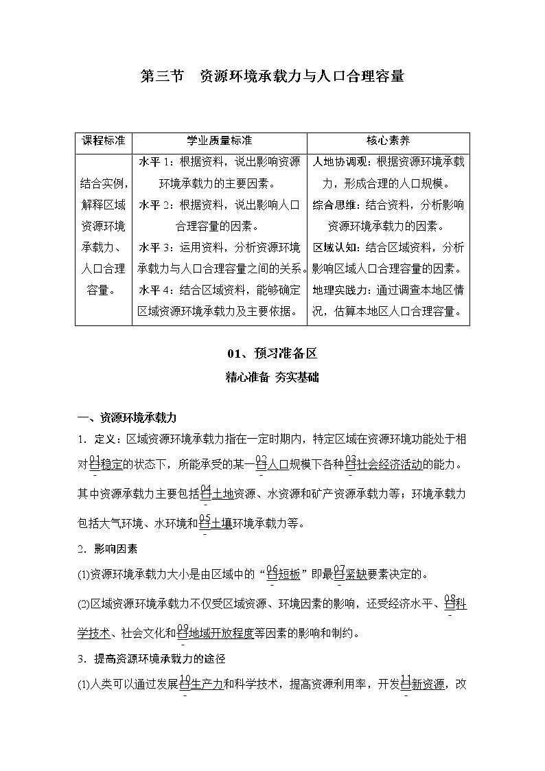 2020地理新教材同步导学提分教程中图第二册讲义+测试:第一章第三节资源环境承载力与人口合理容量01
