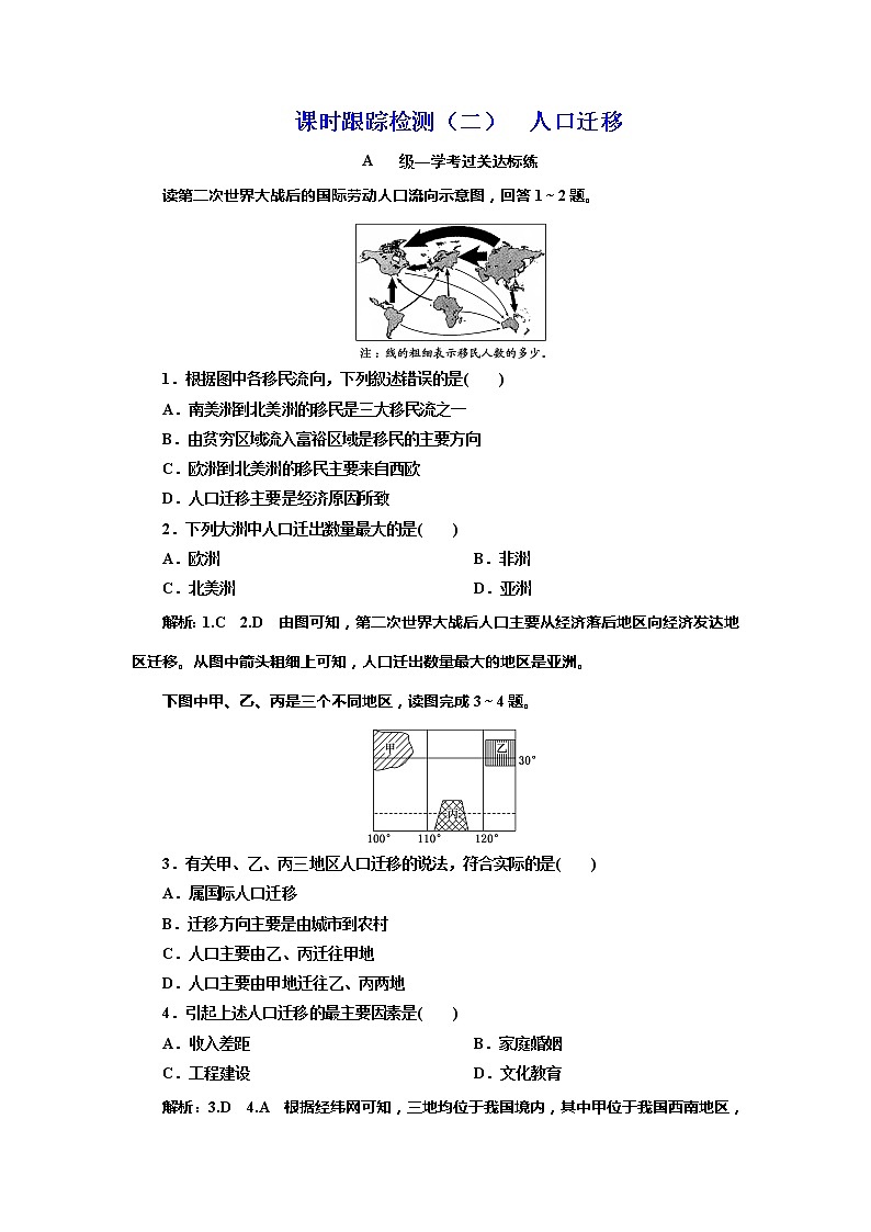 (新教材)2019-2020学年新课程同步鲁教版地理必修第二册学案课时跟踪检测(二)人口迁移01