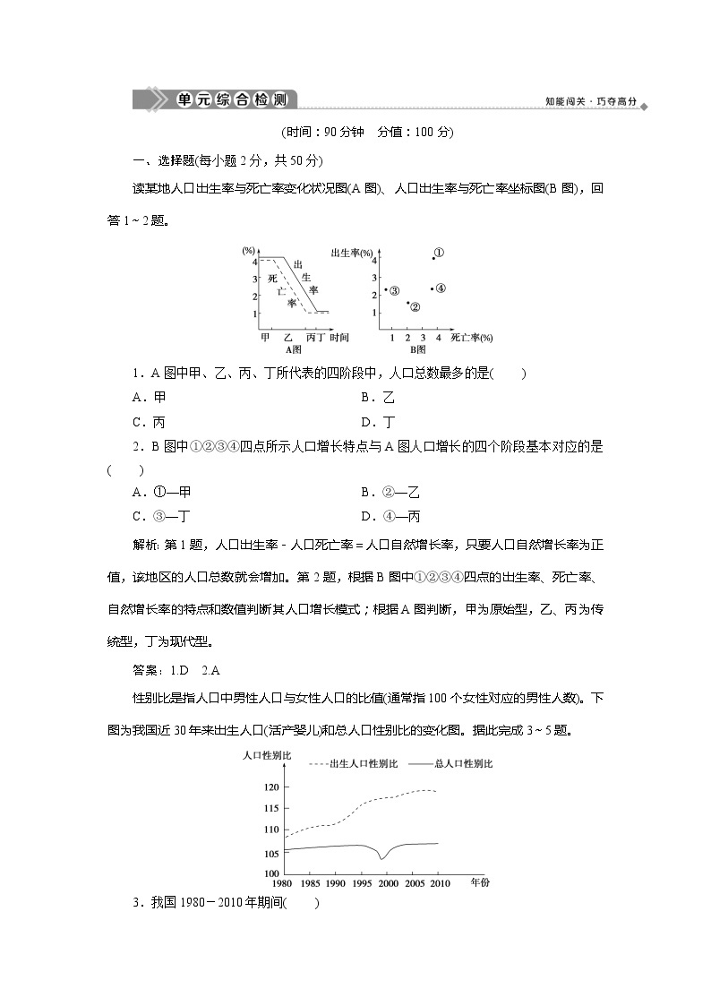 2019-2020学年鲁教版地理必修二新素养同步练习：第一单元人口与地理环境单元综合检测01