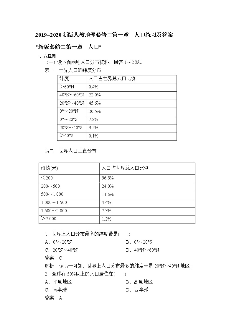 《第一章 人口综合与测试》课时练习检测01