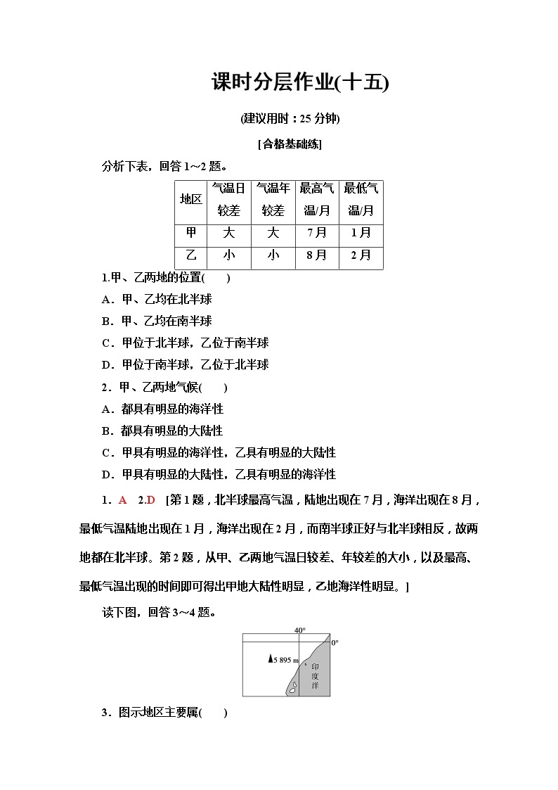 2019-2020同步鲁教版地理必修一新突破课时分层作业15分析判断气候类型 练习01