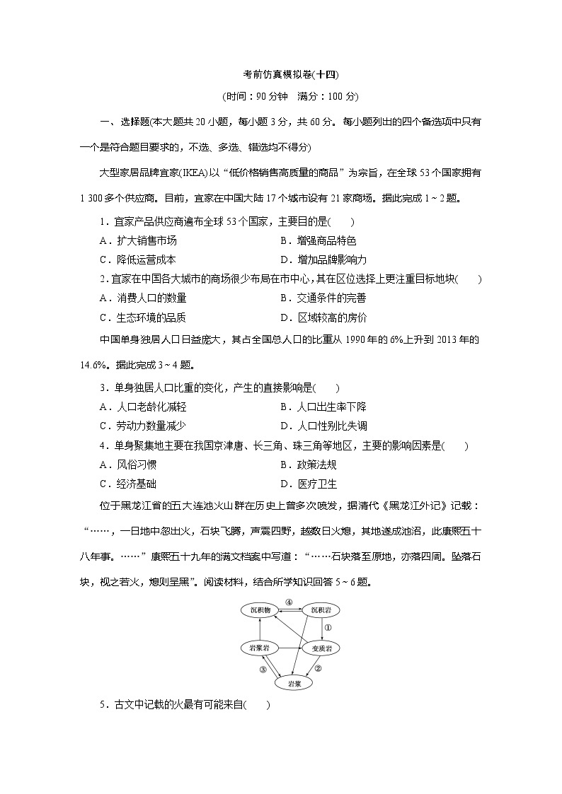 2020版高考地理大三轮复习浙江专用版练习：14考前仿真模拟卷（十四）01