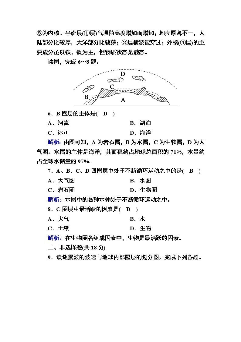 2020-2021学年高一地理人教版必修1课后练案：1-4地球的圈层结构03