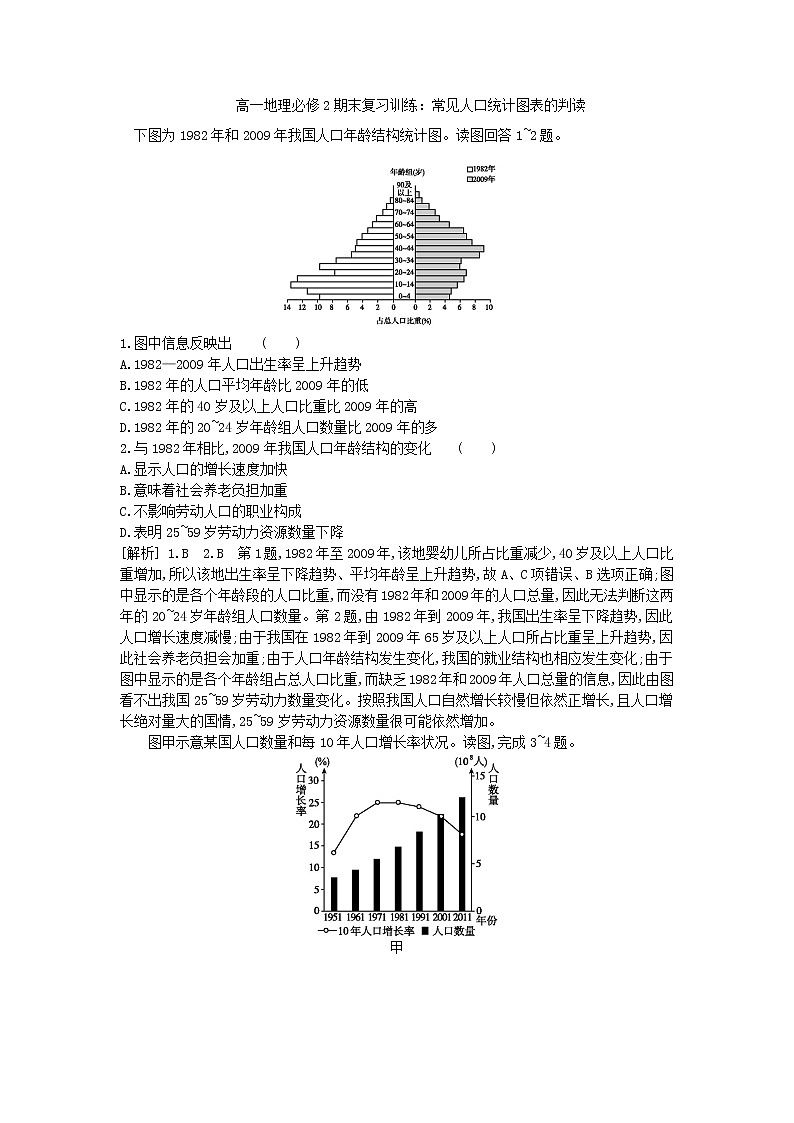 2018-2019学年高一地理必修2期末复习训练:常见人口统计图表的判读01
