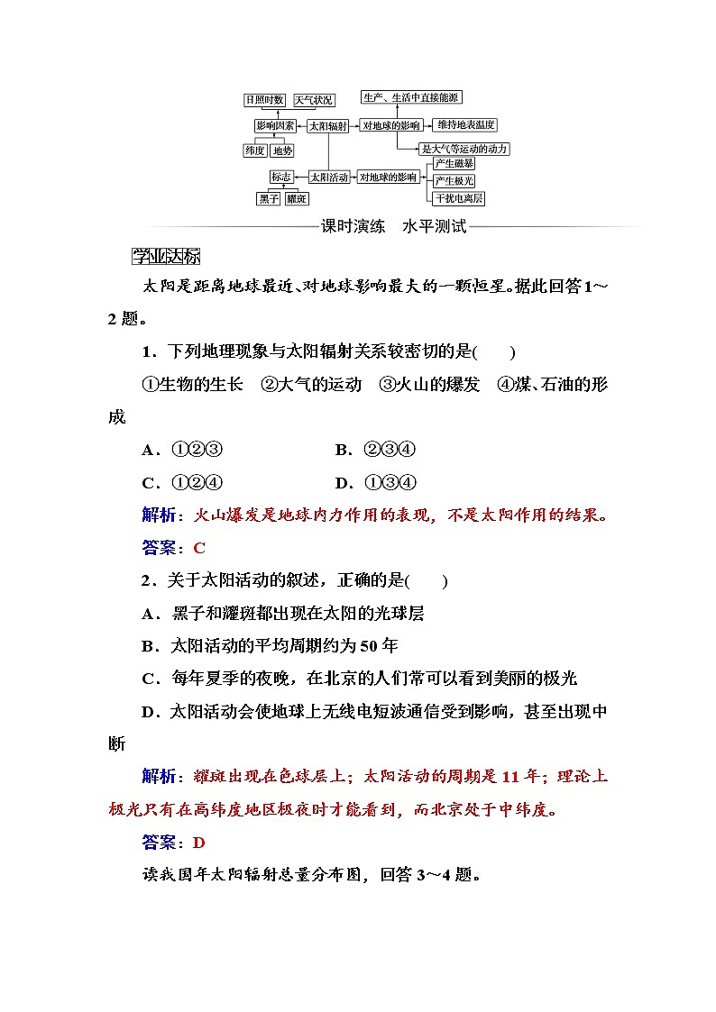 高中地理人教版必修1练习:第一章第二节太阳对地球的影响 Word版含解析02