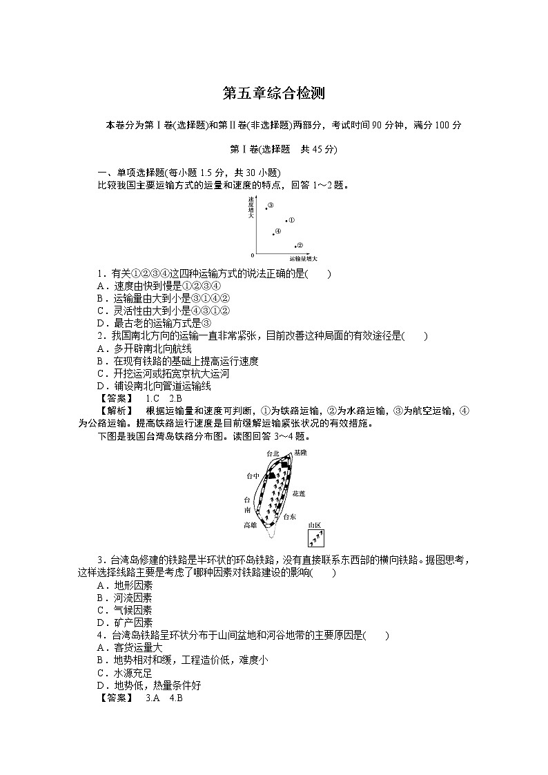 高中地理人教版必修二:第五章 交通运输布局及其影响 综合检测01