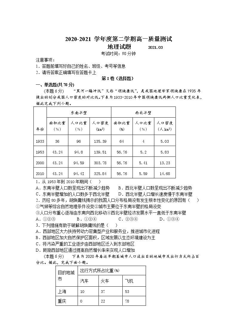 江苏省高邮临泽中学2020-2021学年高一下学期质量测试地理试卷01