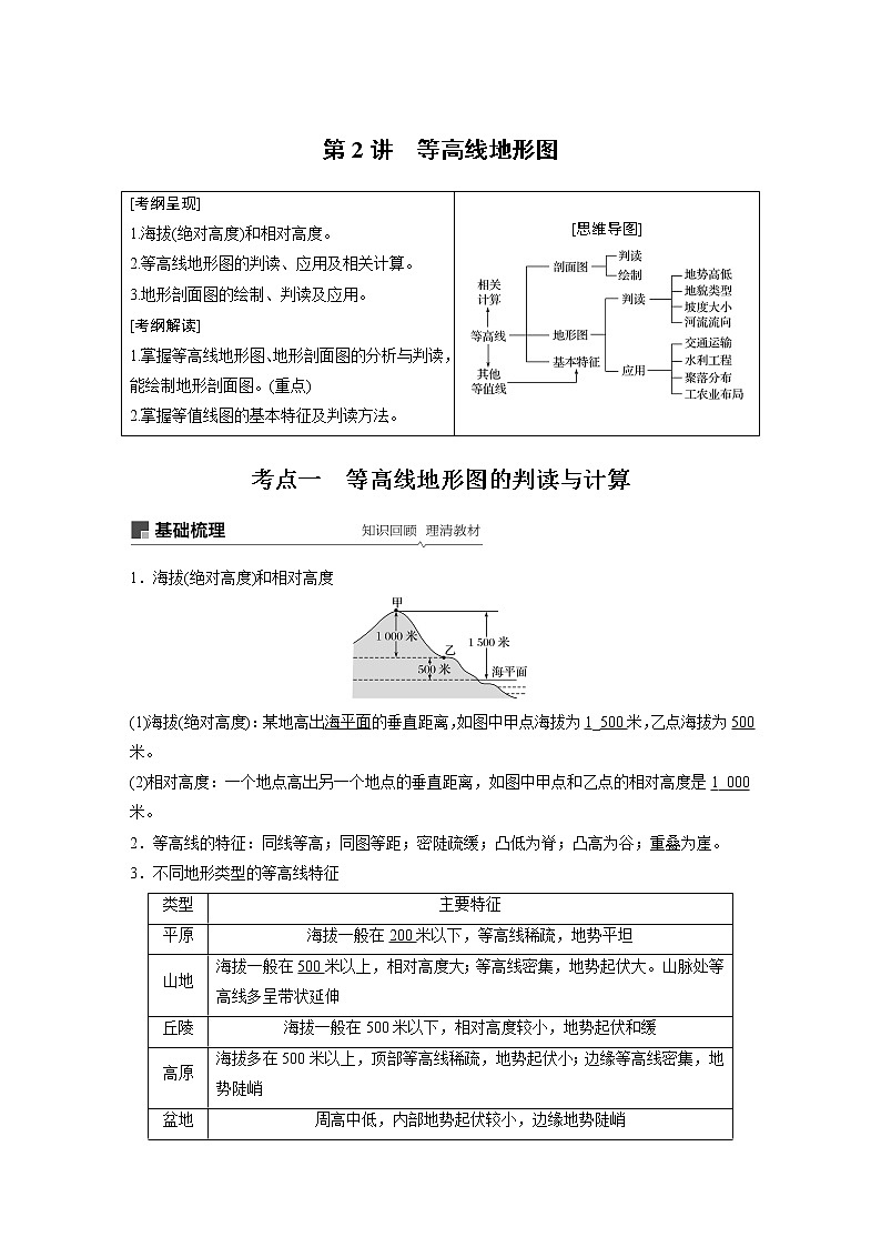 20届高考地理一轮复习讲义 必修① 第1章 第2讲 等高线地形图01