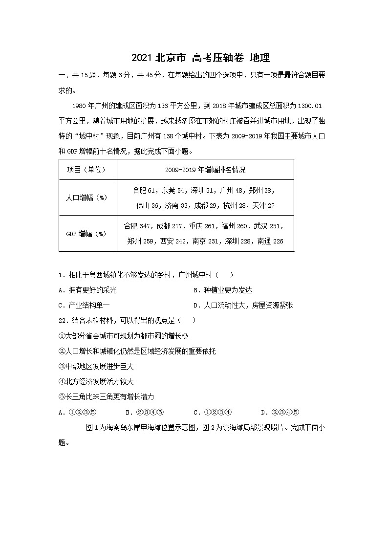 2021北京市高考压轴卷:地理+答案解析第1页