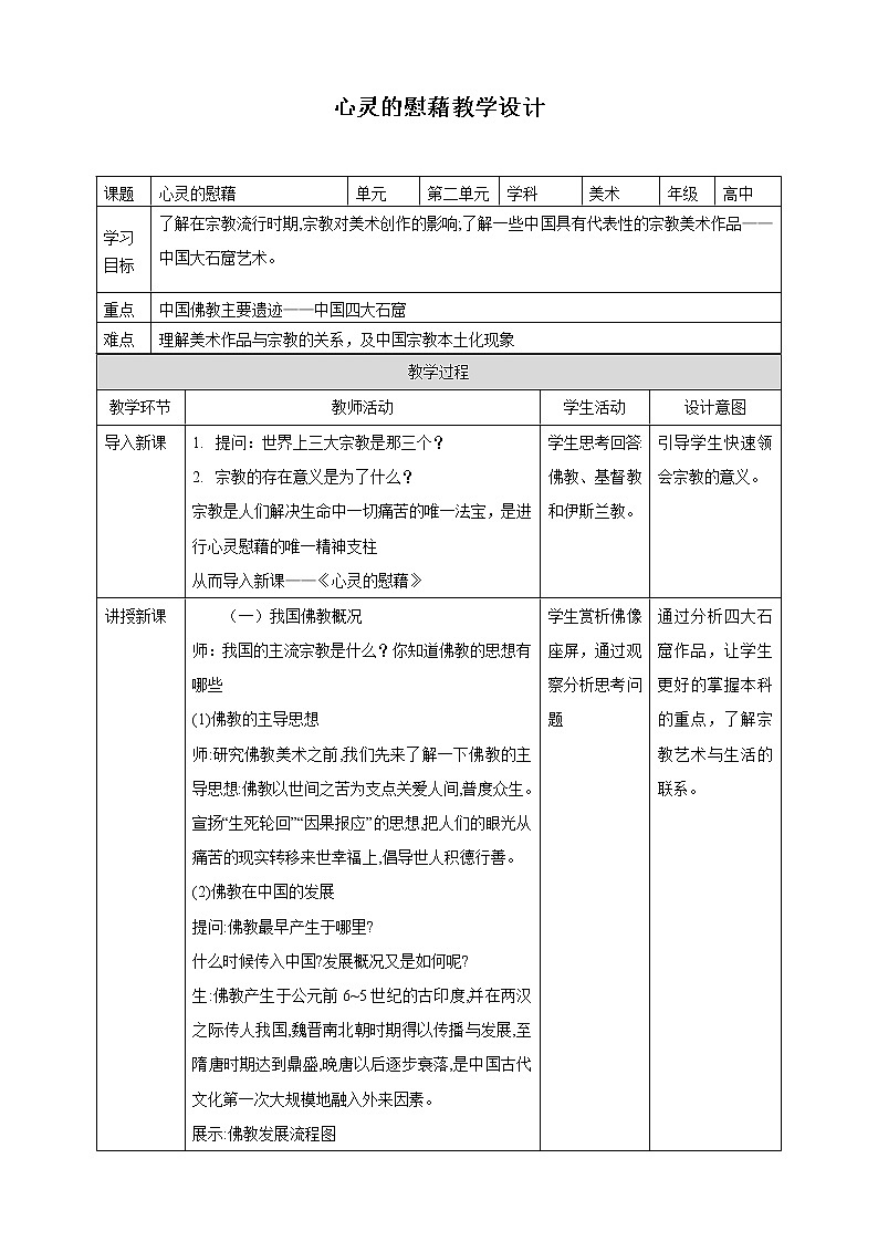 高中美术新湘美版心灵的慰藉教学设计第1页