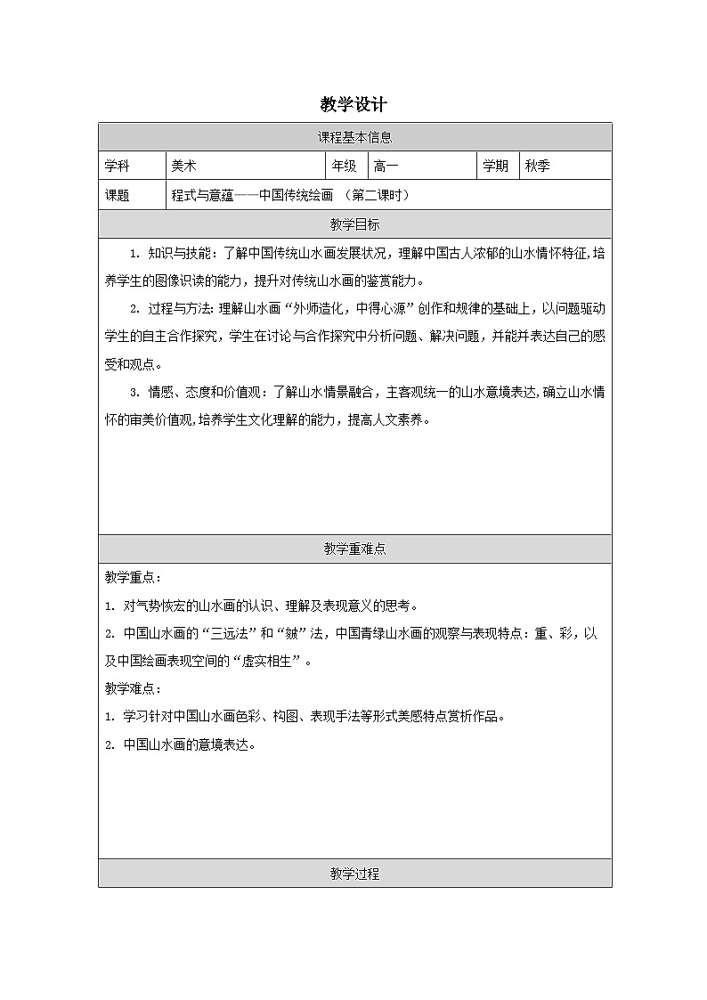 2.1 程式与意蕴——中国传统绘画 教学设计-2024-2025学年高中美术人美版(2019)美术鉴赏第1页