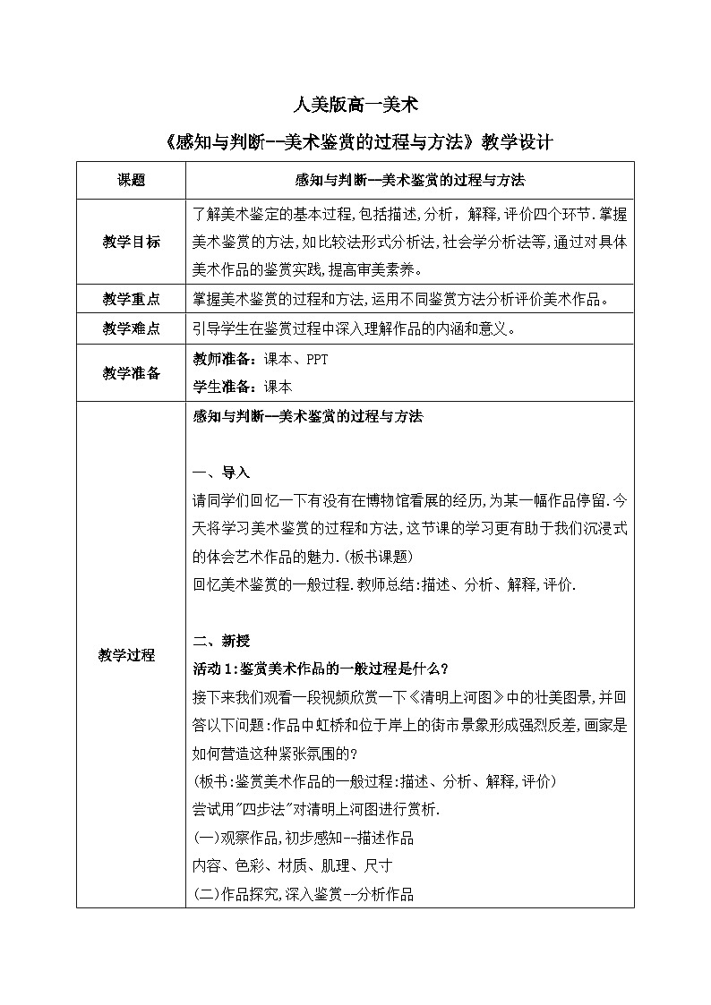1.2+感知与判断--美术鉴赏的过程与方法+教学设计高一上学期美术人美版(2019)美术鉴赏第1页
