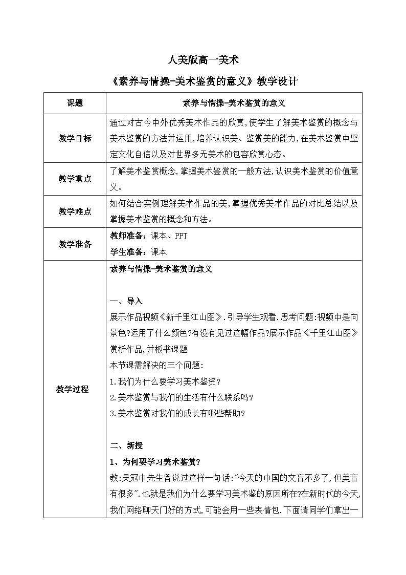 1.1+素养与情操-美术鉴赏的意义+教学设计高一上学期美术人美版(2019)美术鉴赏第1页