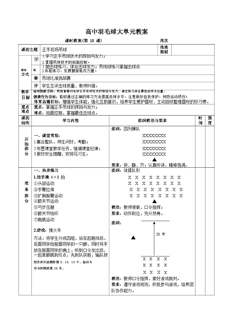人教版高一体育羽毛球大单元(正手后场吊球)教案第1页