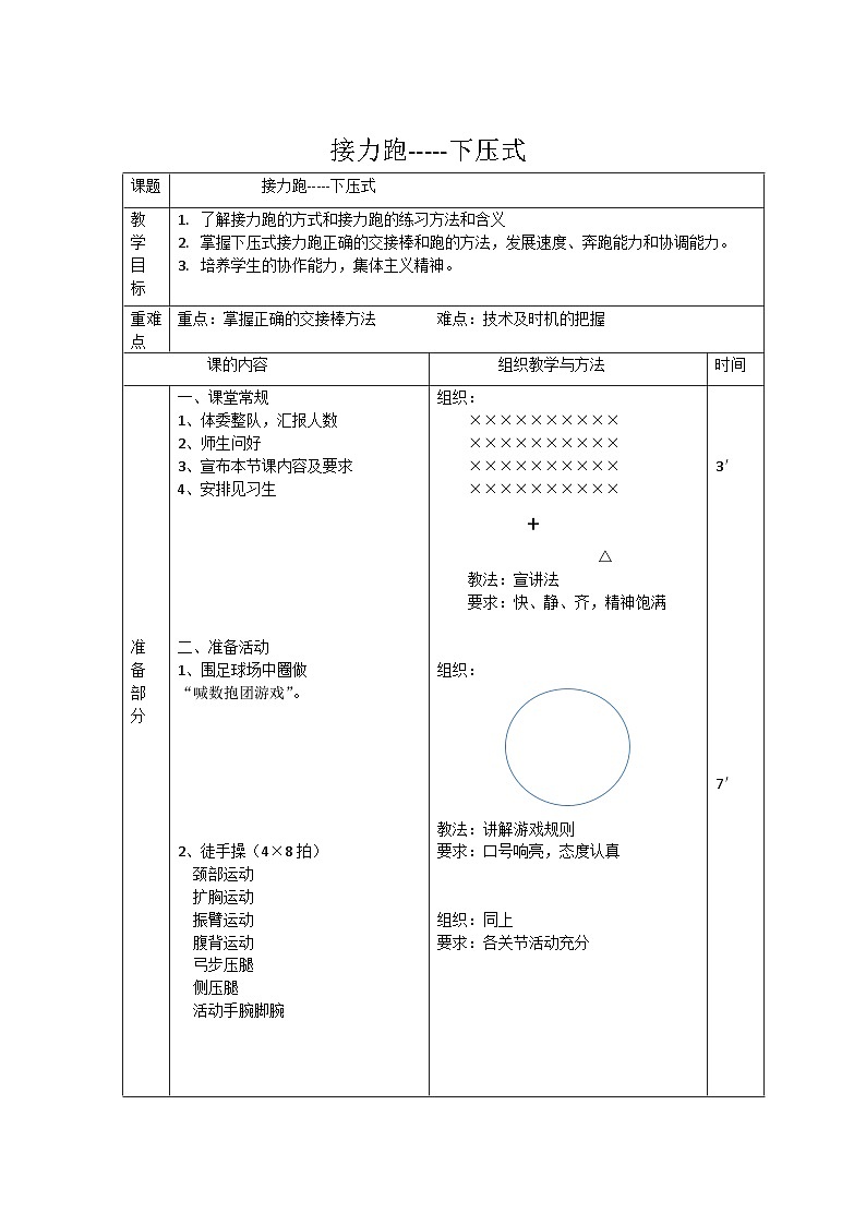 高中体育与健康 人教版 高一接力跑-----下压式 教案第1页