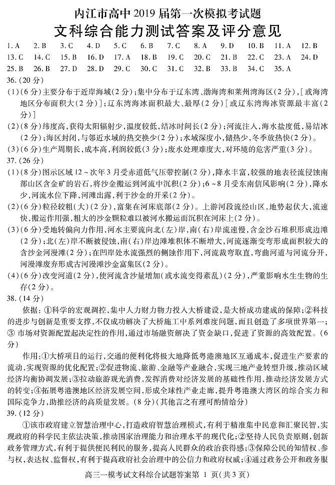 2019届四川省内江市高三第一次模拟考试文科综合试题 PDF版01
