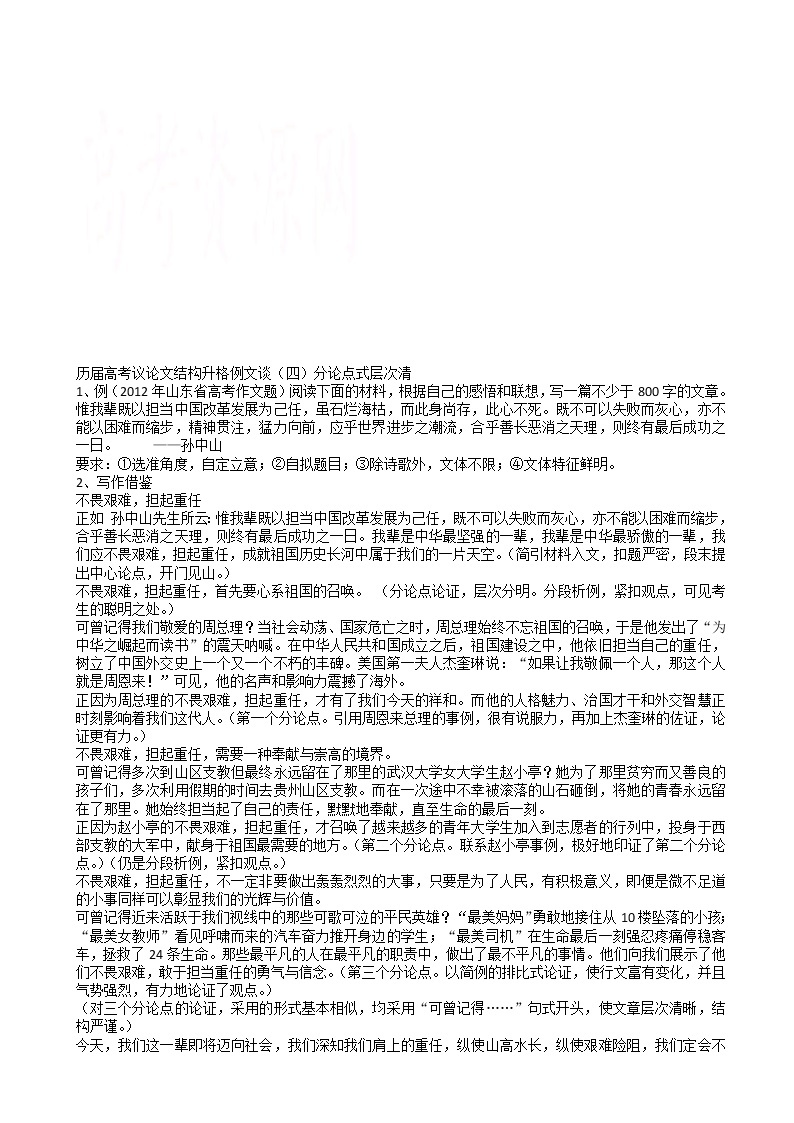 高考作文指导：议论文结构升格例文谈(四)分论点式层次清练习题01