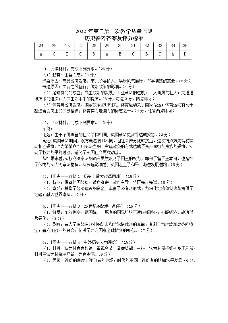 2022高三一模历史答案第1页