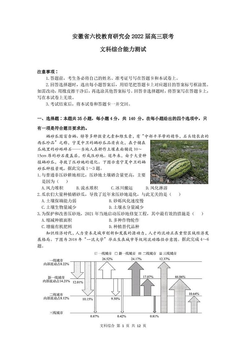 安徽省六校教育研究会2022届高三下学期2月联考试题文科综合PDF版含答案(可编辑)01