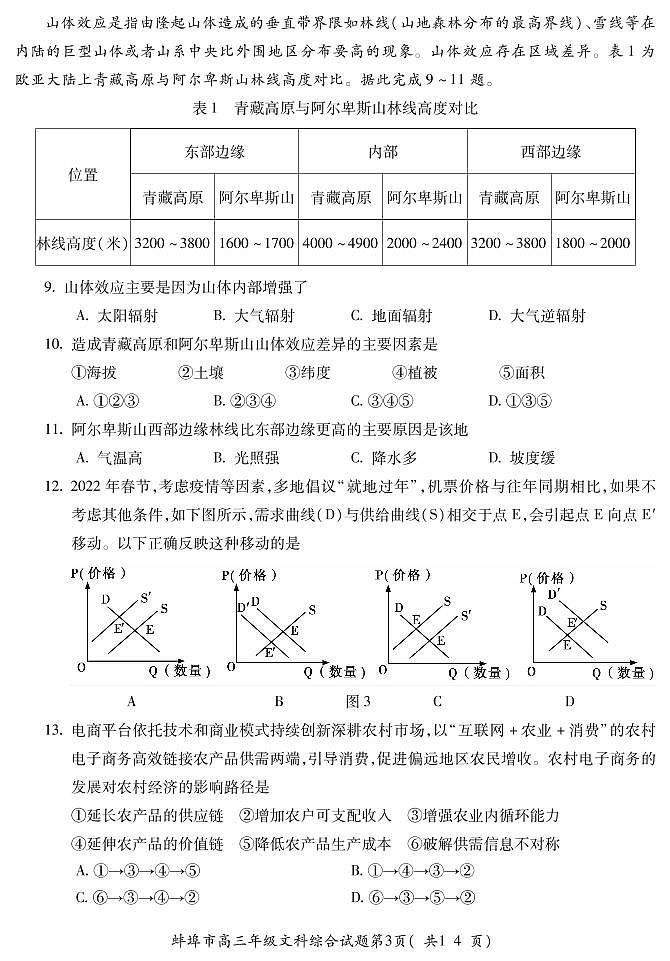 2022届安徽省蚌埠市高三第三次教学质量检查(三模)文科综合试题(含答案)第3页