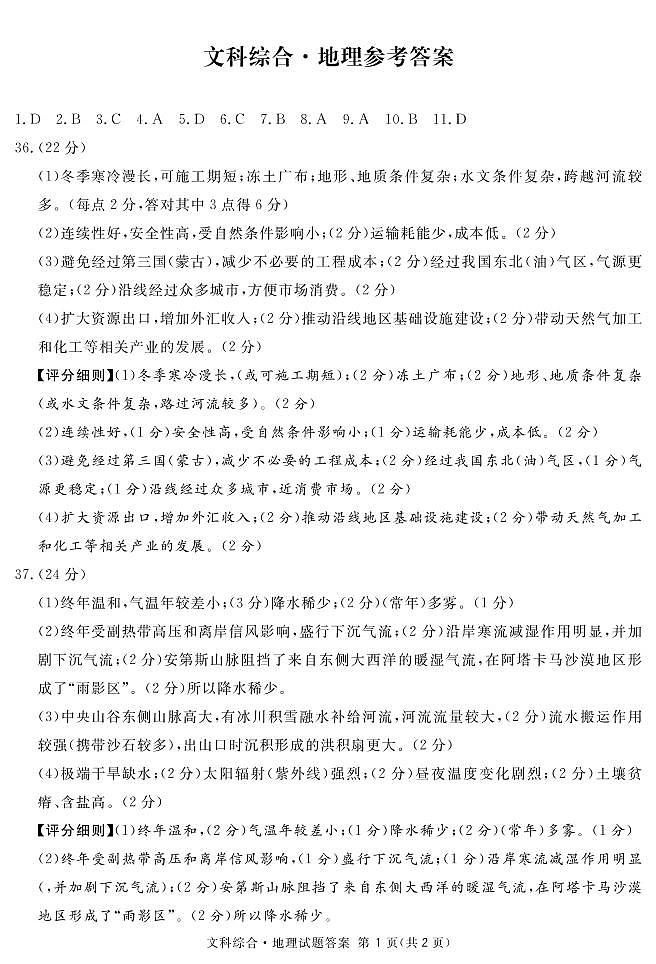 2020届四川省眉山市高三三模文综(地理答案)第1页