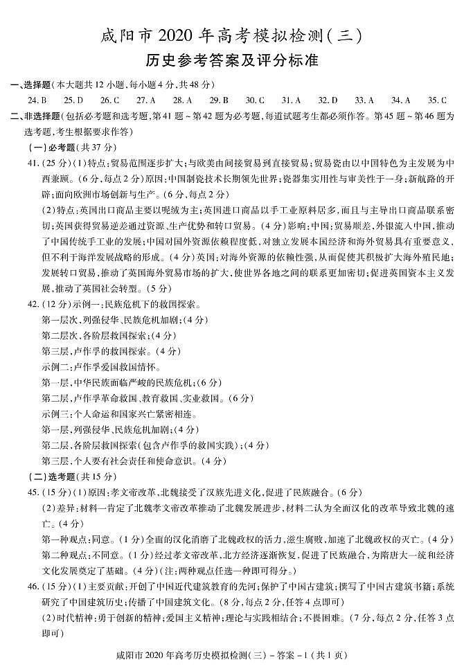 2020年陕西省咸阳市高三第三次模拟考试文科综合卷及答案01