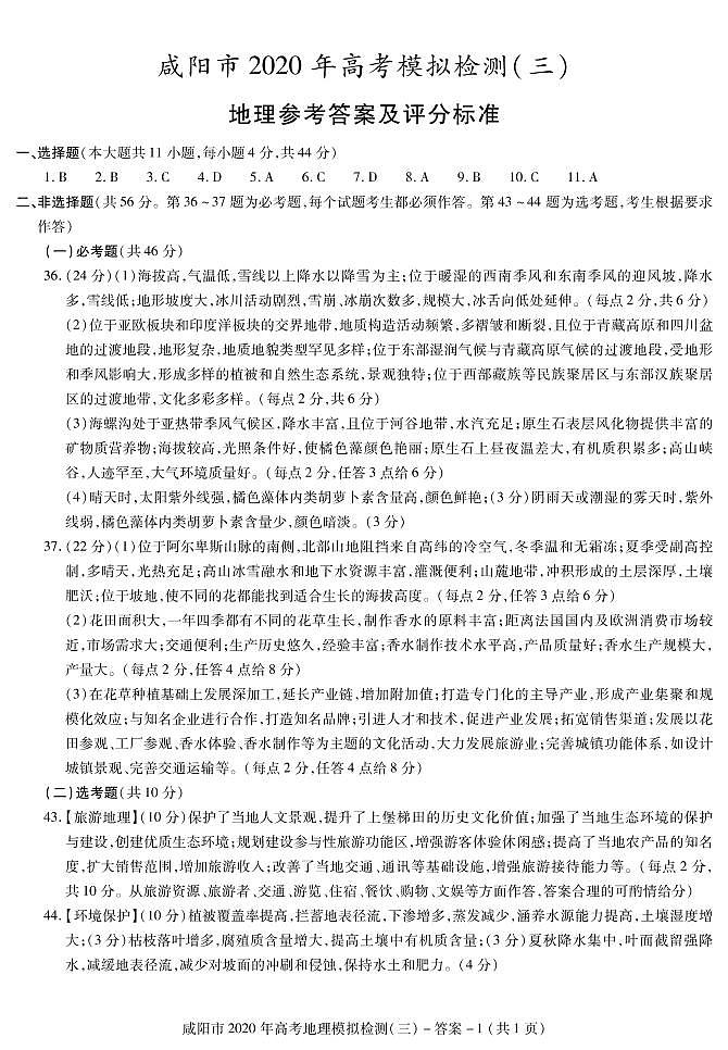 2020年陕西省咸阳市高三第三次模拟考试文科综合卷及答案01