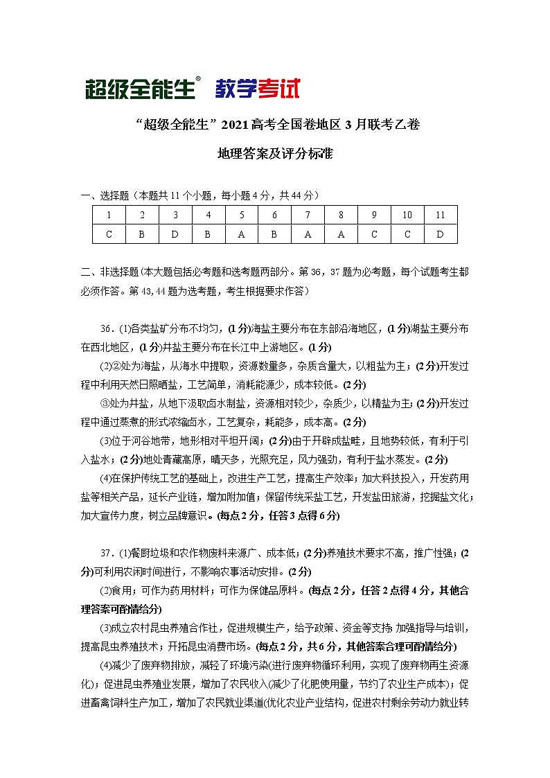 (地理)“超级全能生”2021高考全国卷地区3月联考乙卷评分标准第1页