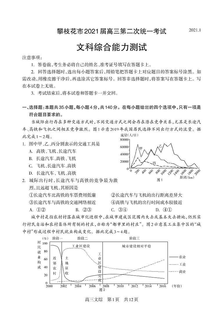 2021届四川省攀枝花市高三第二次统一考试文科综合试题第1页