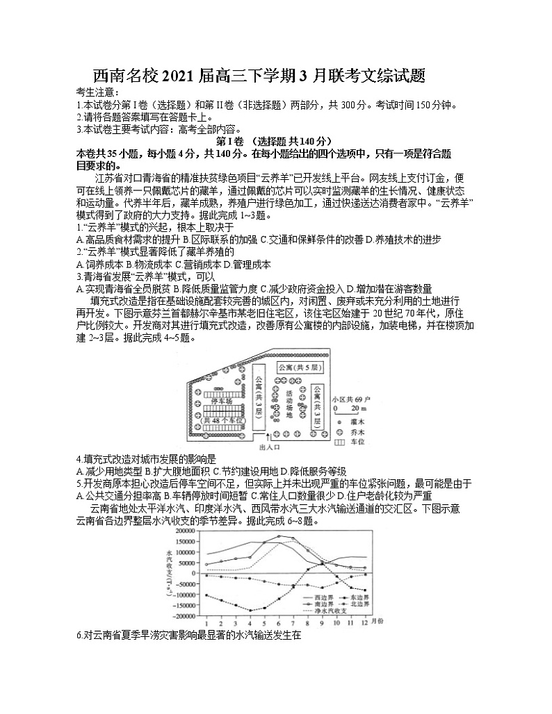 2021西南名校高三下学期3月联考文综试题含答案01