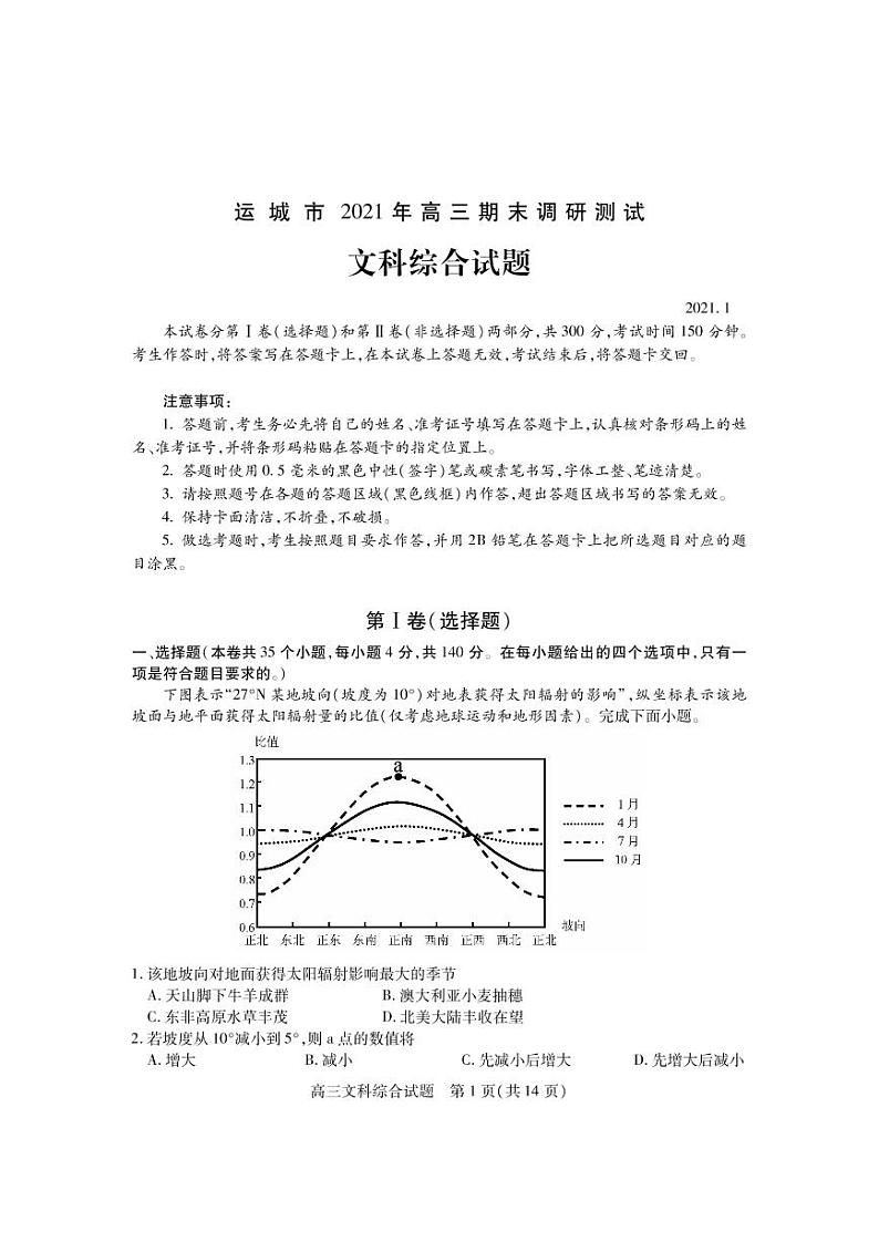 2021运城高三上学期期末考试文科综合试题(PDF可编辑)PDF版含答案第1页