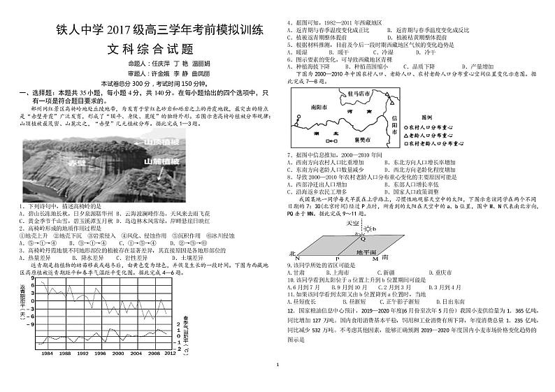 2020省大庆铁人中学高三考前模拟训练(一)文科综合含答案01