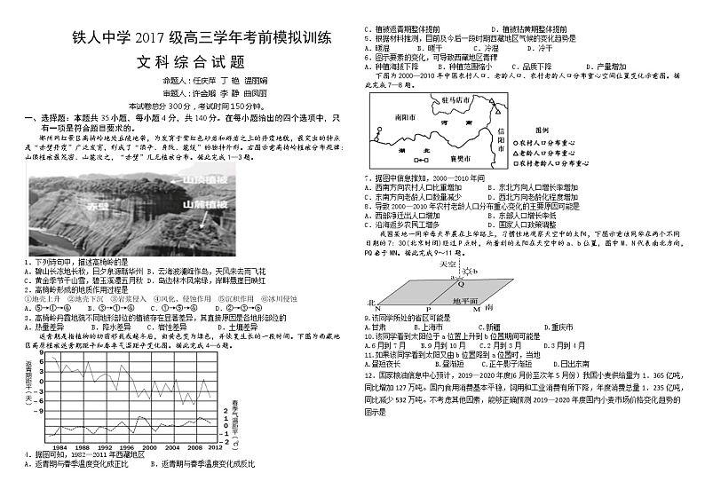 2020省大庆铁人中学高三考前模拟训练(一)文科综合含答案01