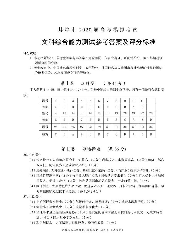 2020蚌埠高三下学期第四次教学质量检查考试文科综合图片版含答案01