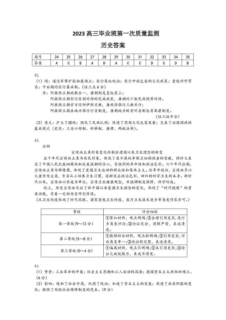 2023高三一模历史答案第1页