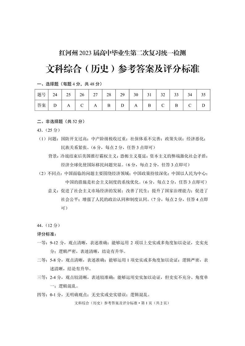 2023红河州高三下学期3月第二次复习统一检测(二模)文综PDF版含答案01