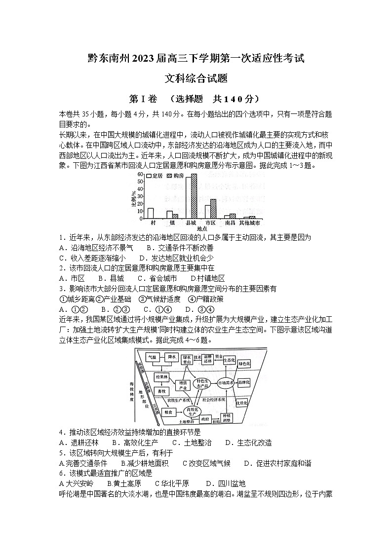 2023届贵州省黔东南州高三下学期第一次适应性考试文科综合试题(含答案)01