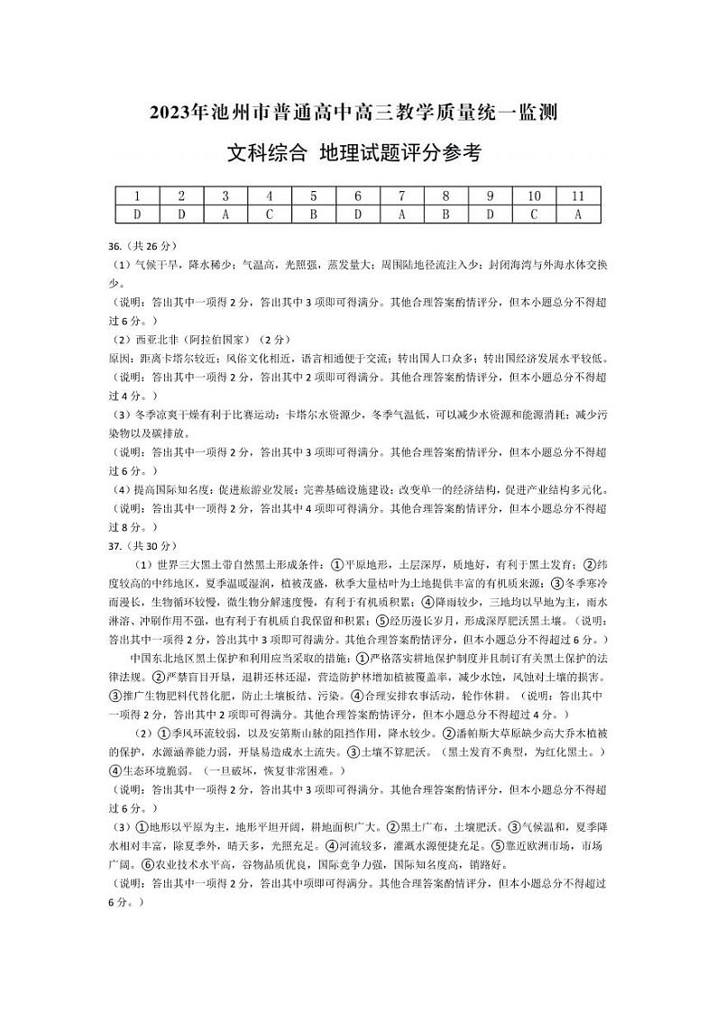 安徽省池州市2023届普通高中高三教学质量统一监测 文科综合(政治 地理 历史)答案 pdf版第2页