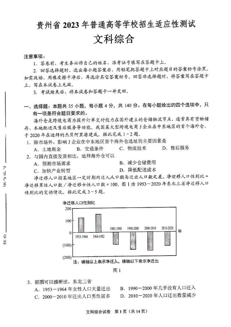 贵州省2023年普通高等学校招生高三适应性测试文科综合试题含答案01