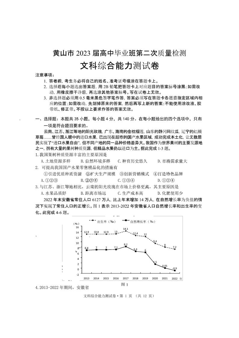 2023届安徽省黄山市高三下学期第二次质量检测试题（二模） 文综 PDF版01