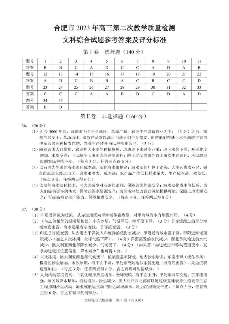 2023届安徽省合肥市高三第二次教学质量检测 文综答案01