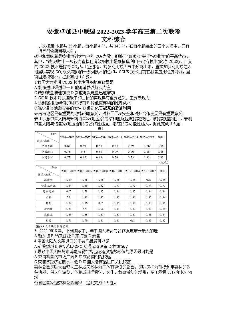 安徽省卓越县中联盟2023届高三文综下学期第二次联考试题(Word版附答案)第1页