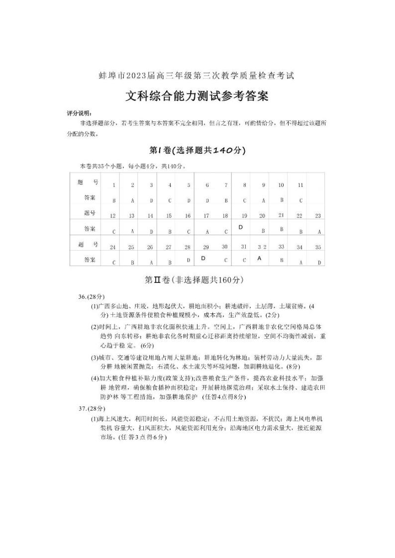 2023届安徽省蚌埠市高三第三次教学质量检查考试 文综答案01
