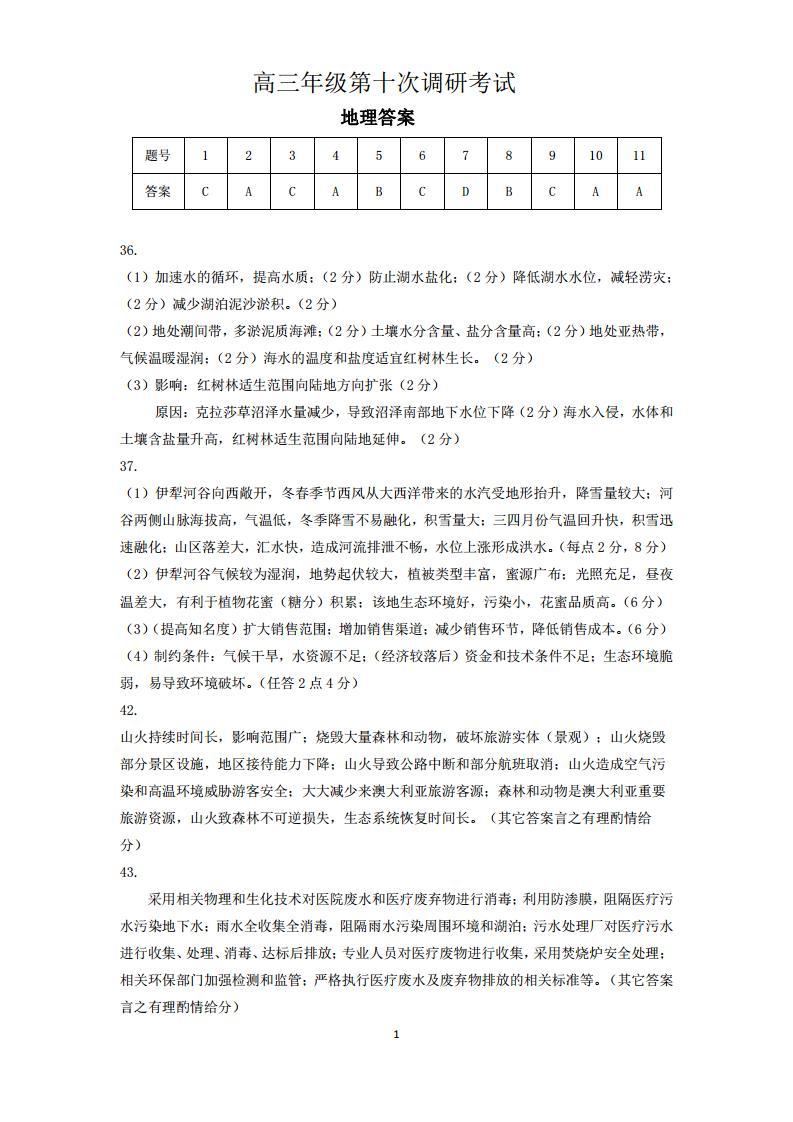2020届河北省衡水中学高三下学期十调考试文综试题 PDF版01