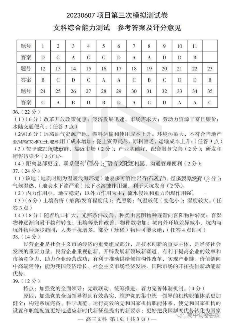 江西省南昌市2023届高三下学期三模试题 文综答案01