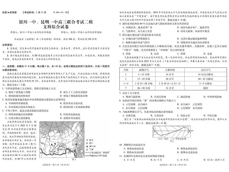 宁夏银川一中、昆明一中2023届高三联合二模考试 文综01